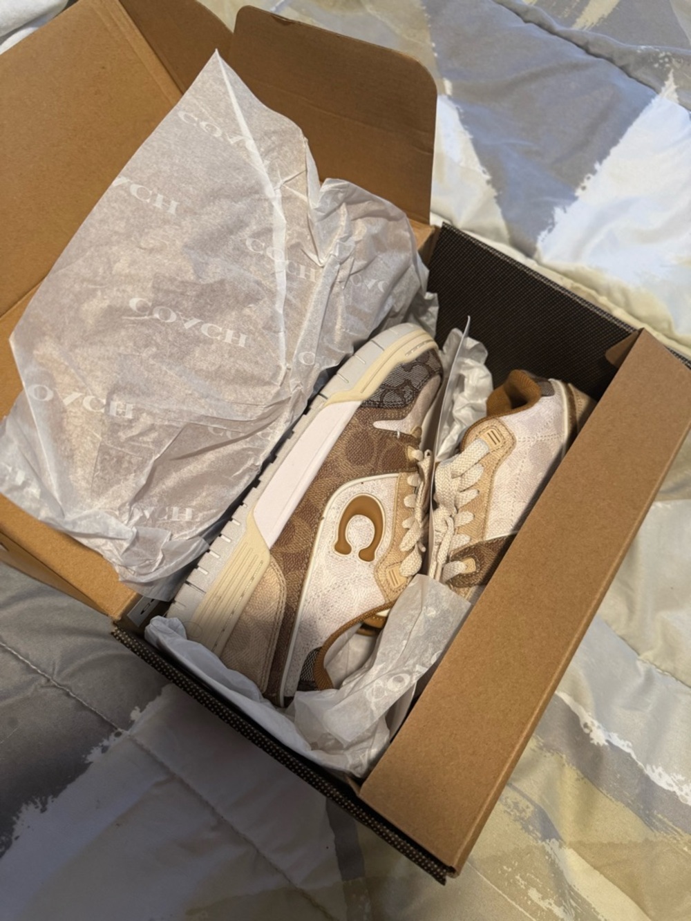 Coach Mixed-Material Low-Top Sneakers in Cream, Brown & Gold - Picture 2 of 4